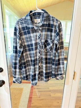 Cosmic Blue Love Navy and White Plaid Button-Up Shirt Sz. Large
